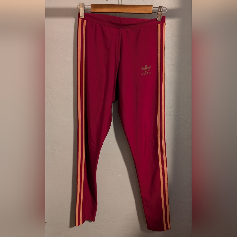 🧶 Silky Adidas Women's Burgundy Leggings with Pink Stripes